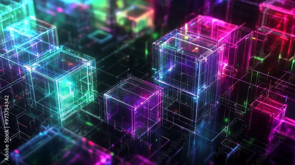 Digital metadata cubes and binary related designs, neon light fractal abstract technological background Digital metadata cubes and binary related designs, neon light fractal abstract technological background