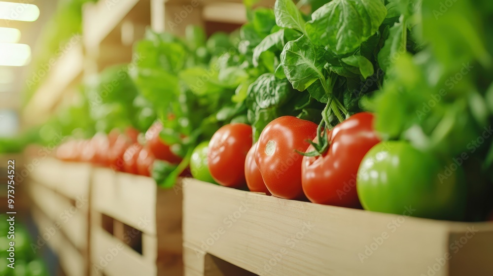 Vibrant Showcase of Fresh Tomatoes and Greens at a Market Stall for Health-Conscious Shoppers Vibrant Showcase of Fresh Tomatoes and Greens at a Market Stall for Health-Conscious Shoppers