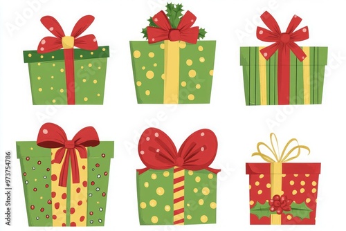 A collection of christmas presents including a vector illustration of a christmas gift box.