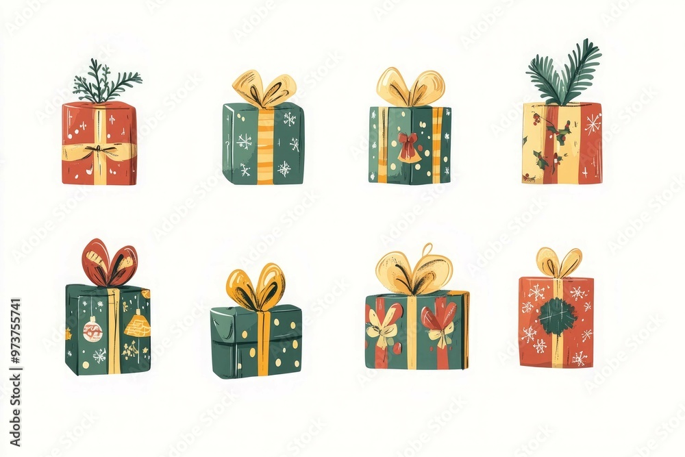 A collection of christmas presents including a vector illustration of a christmas gift box. A collection of christmas presents including a vector illustration of a christmas gift box.