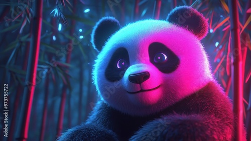 Synthwave giant panda, neon lights, retro-futuristic bamboo forest.