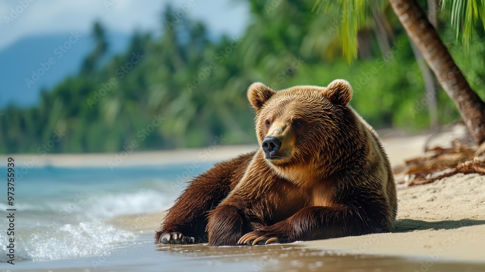 Fototapeta premium Brown bear relaxing on a sandy beach with tropical foliage and ocean waves.