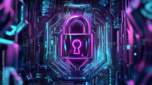 Security digital lock designed with pink and blue neon lights over data and nodes theme, cybersecurity and protection concept