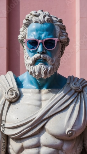 A statue of a man wearing sunglasses and a blue shirt photo