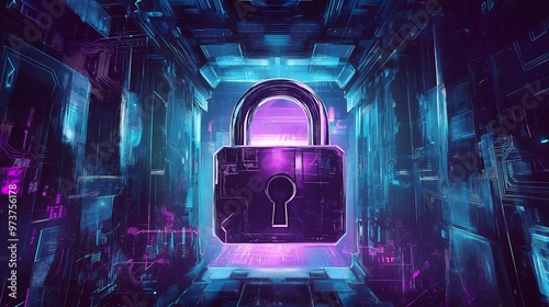 Security digital lock designed with pink and blue neon lights over data and nodes theme, cybersecurity and protection concept