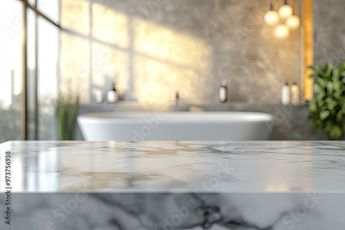 Empty marble top table with blurred bathroom interior Background. for product display , ai