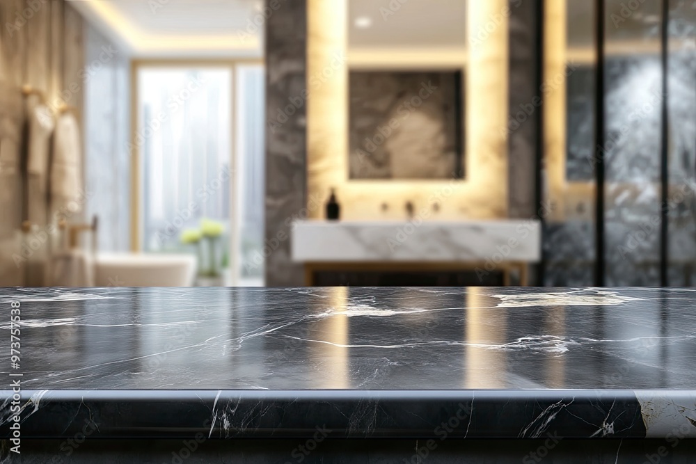 Empty marble top table with blurred bathroom interior Background. for product display , ai Empty marble top table with blurred bathroom interior Background. for product display , ai