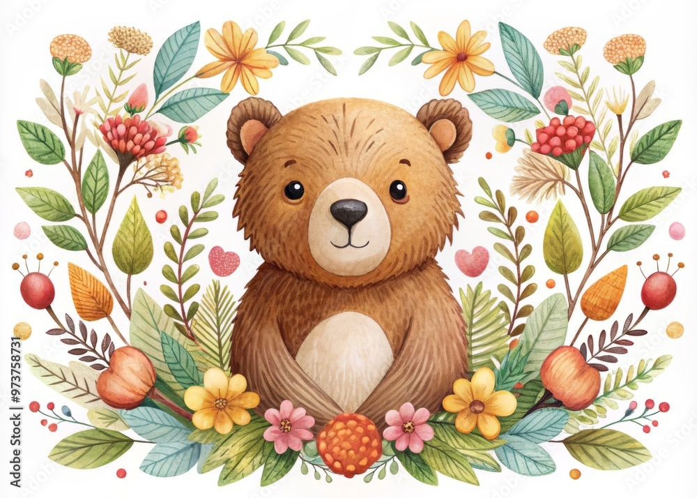 Adorable hand-drawn illustration of a cuddly brown bear surrounded by vibrant flowers, leaves, and berries, set against Adorable hand-drawn illustration of a cuddly brown bear surrounded by vibrant flowers, leaves, and berries, set against