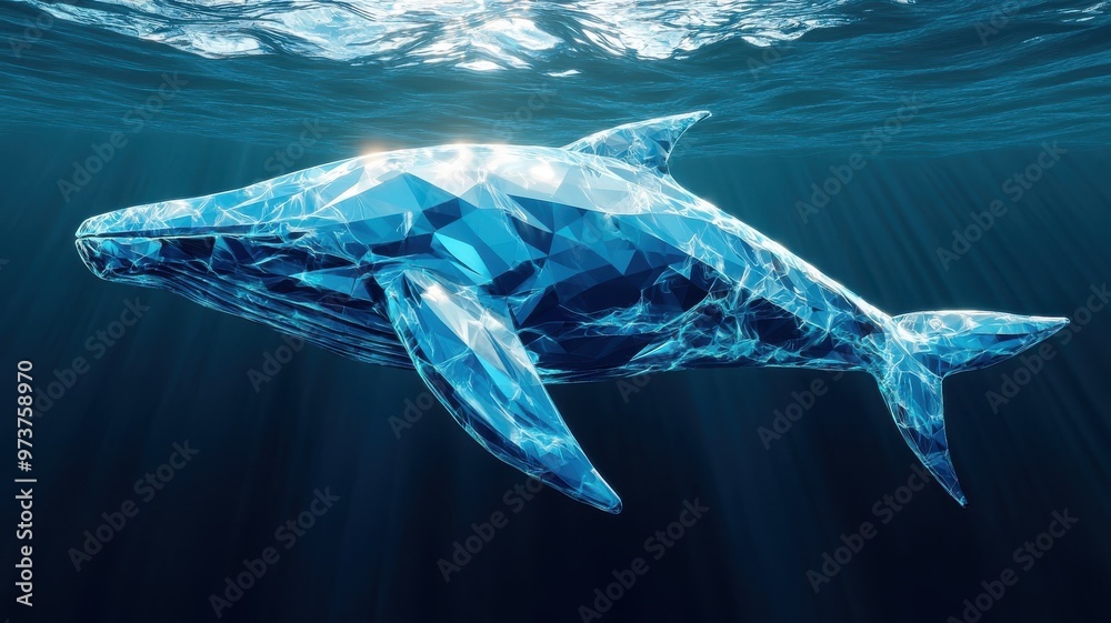 Fototapeta premium Stylized 3D blue whale, with sharp geometric shapes and a polished metallic sheen, floating through a digital sea.