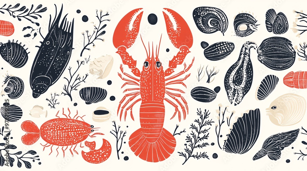 93. A vector illustration with a rich assortment of hand drawn seafood elements, including clams, lobsters, and seaweed, set against a clean background 93. A vector illustration with a rich assortment of hand drawn seafood elements, including clams, lobsters, and seaweed, set against a clean background