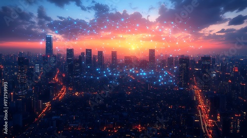 Aerial view of a mega city in the evening with tall skyscrapers, whole downtown connected with digital nodes floating on air photo