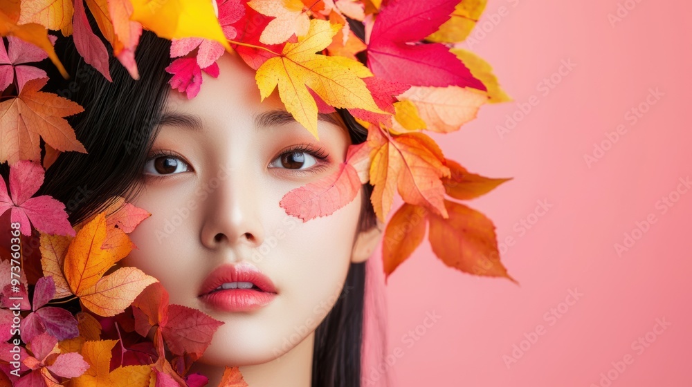Captivating Autumn Leaf Portrait of Pensive Asian Woman