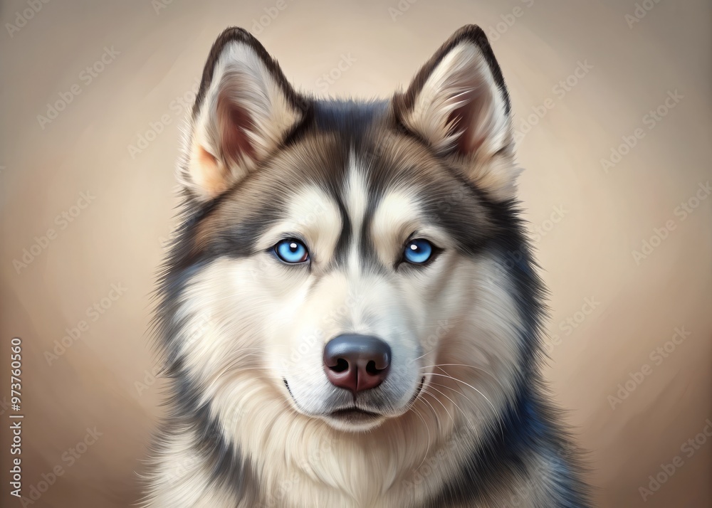 Adorable illustration of a Siberian Husky's face, highlighted by piercing blue eyes and a sweet, gentle expression, set Adorable illustration of a Siberian Husky's face, highlighted by piercing blue eyes and a sweet, gentle expression, set