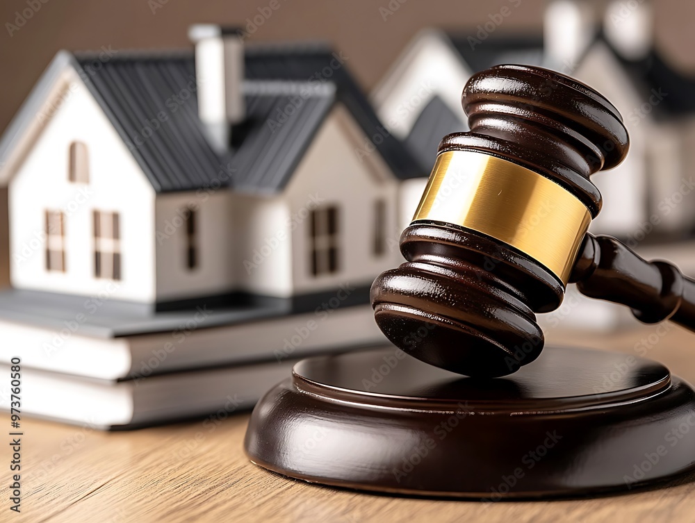 Property and real estate for sale, gavel and small minimal houses on background Property and real estate for sale, gavel and small minimal houses on background