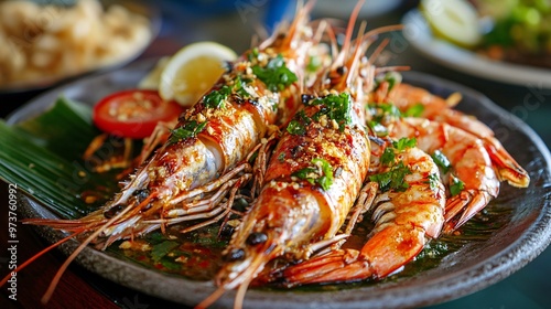 109. Grilled giant river prawns served with a spicy sweet and sour sauce, enjoyed by Thai people, reflecting the social and culinary delight of this popular Thai dish photo