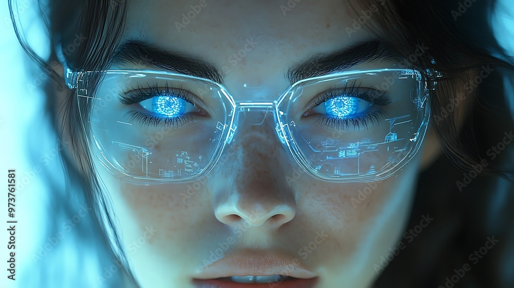 Close-up of a person with futuristic glasses and glowing eyes. Close-up of a person with futuristic glasses and glowing eyes.
