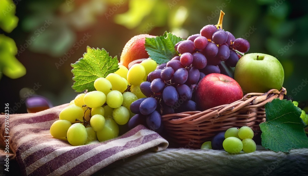 A vibrant mix of green and purple grapes with crisp apples, showcased in a close-up. Rich grapevine leaf textures and juicy fruit details capture the essence of fresh, natural produce. A vibrant mix of green and purple grapes with crisp apples, showcased in a close-up. Rich grapevine leaf textures and juicy fruit details capture the essence of fresh, natural produce.