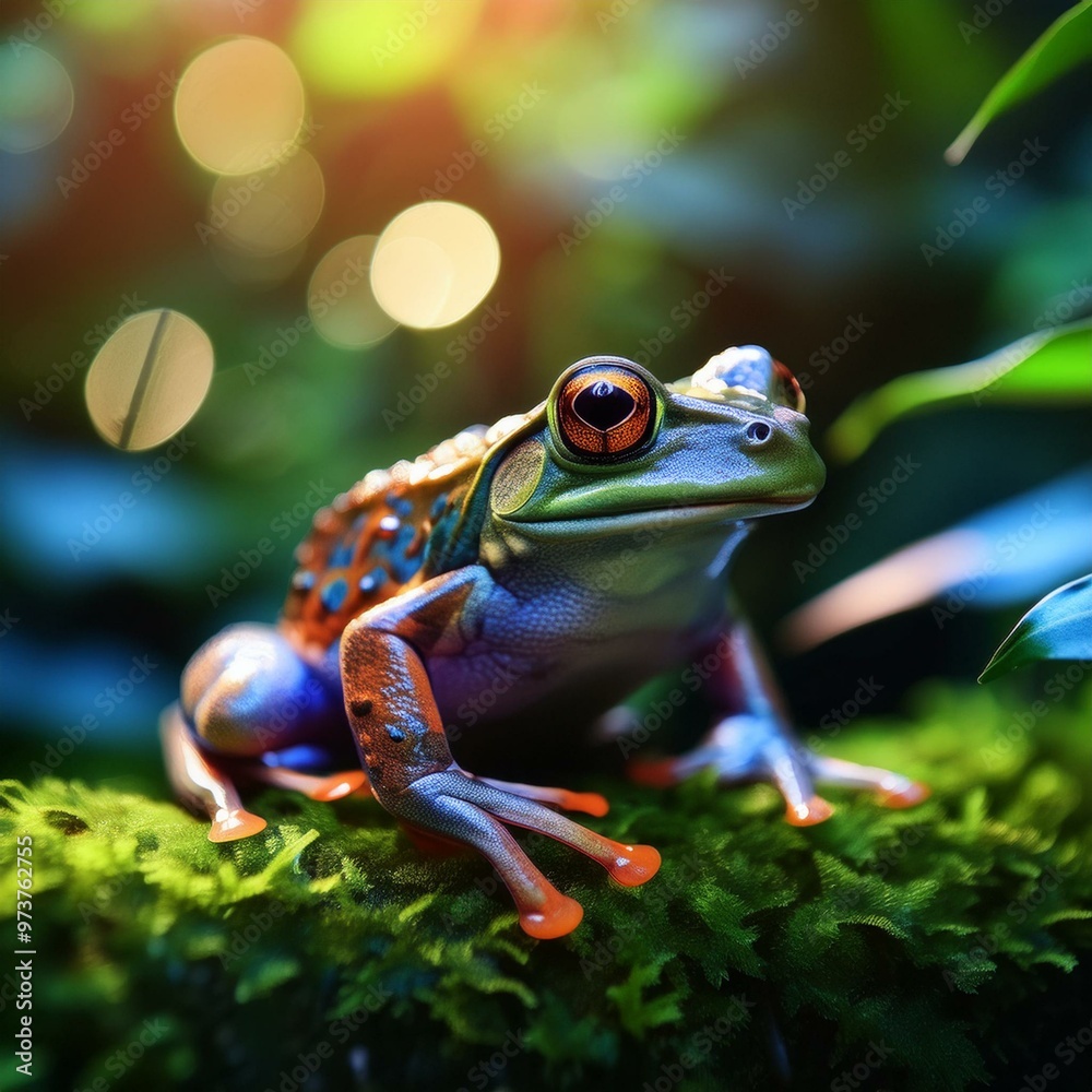 A colorful tropical frog sits quietly in a lush rainforest. Closeup photo. A colorful tropical frog sits quietly in a lush rainforest. Closeup photo.