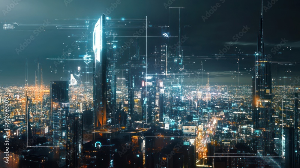 Fototapeta premium Futuristic Cityscape at Night with Digital Overlays