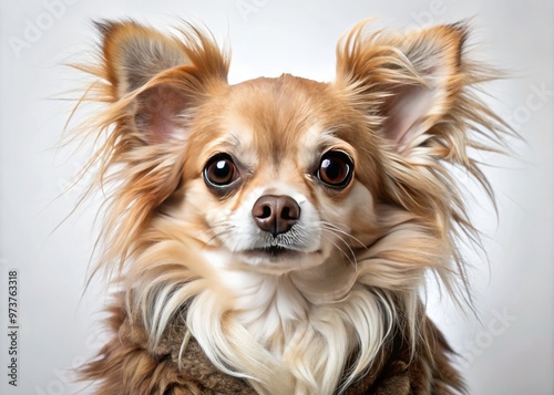 Adorable long-haired Chihuahua with fluffy fur and big brown eyes peeking out from beneath a messy coat, looking