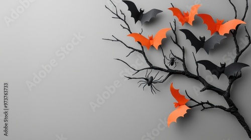 Spooky Autumn Tree with Bats and Leaves