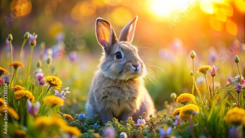 Adorable Netherland Dwarf rabbit with floppy ears and soft fur, sitting on a colorful meadow, surrounded by blooming photo