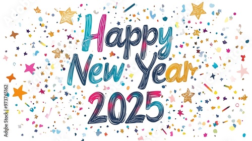 Hand-drawn "Happy New Year 2025" script in vibrant colors with confetti and stars around it on a white background