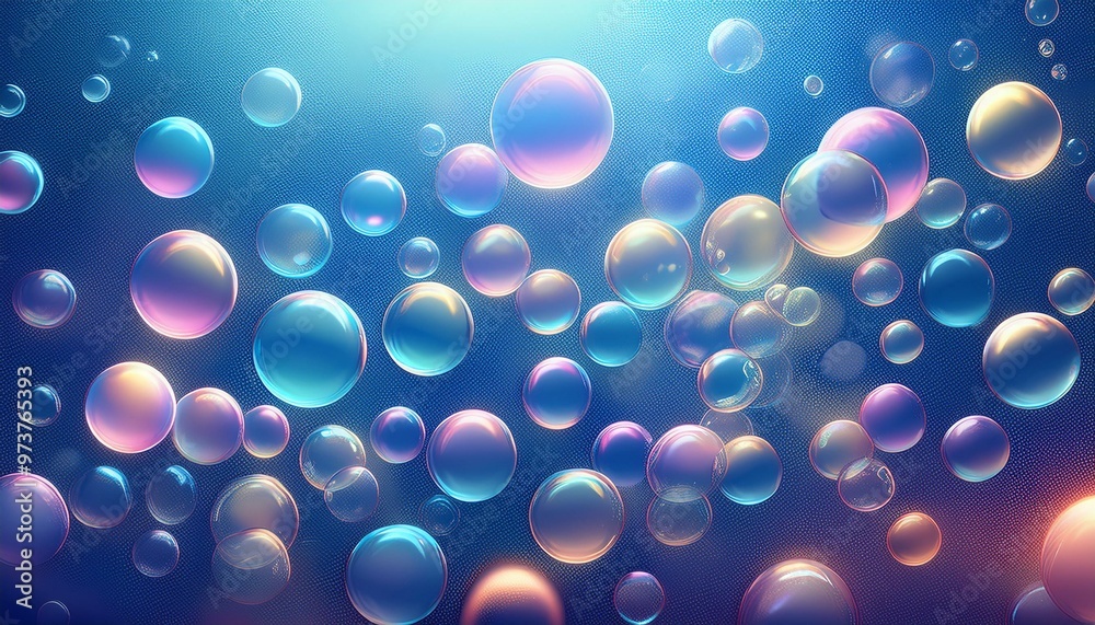 A light blue background with iridescent soap bubbles flying in the air A light blue background with iridescent soap bubbles flying in the air
