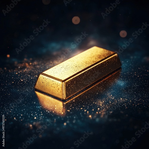 A gold bar floating in space with stars reflecting off its surface photo