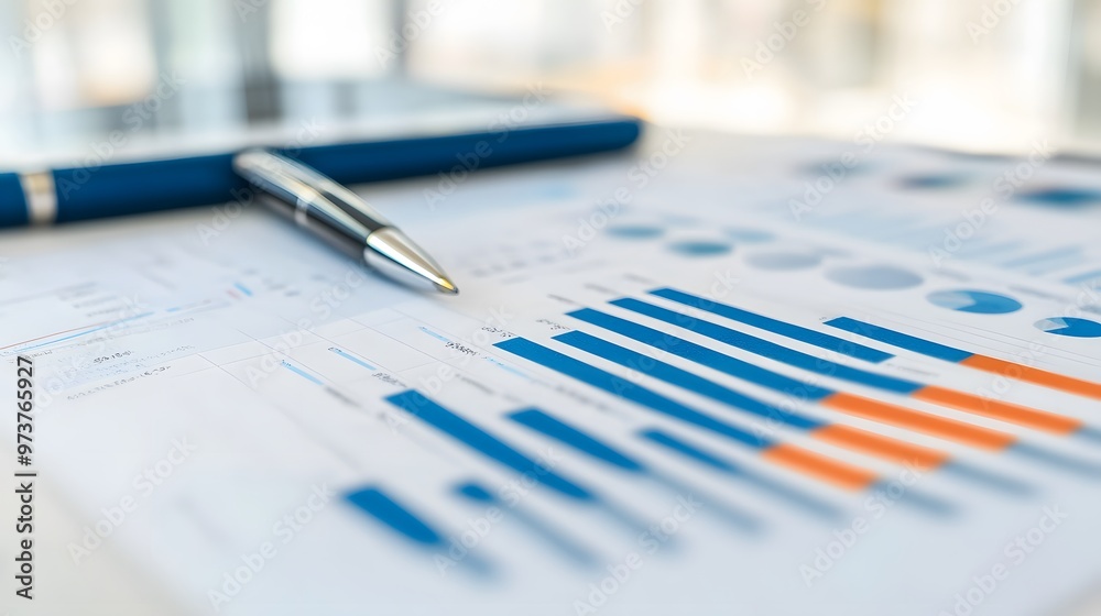 Blue and Orange Bar Graph with Pen on a Table Blue and Orange Bar Graph with Pen on a Table