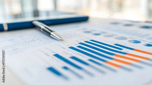 Blue and Orange Bar Graph with Pen on a Table photo