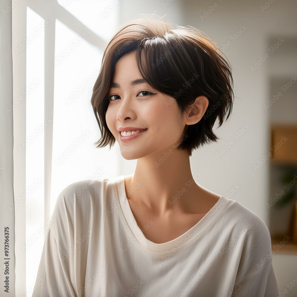 A radiant young Japanese woman with short hair basks in the gentle morning sun, her serene smile glowing in natural light, capturing a moment of joy and tranquility. A radiant young Japanese woman with short hair basks in the gentle morning sun, her serene smile glowing in natural light, capturing a moment of joy and tranquility.