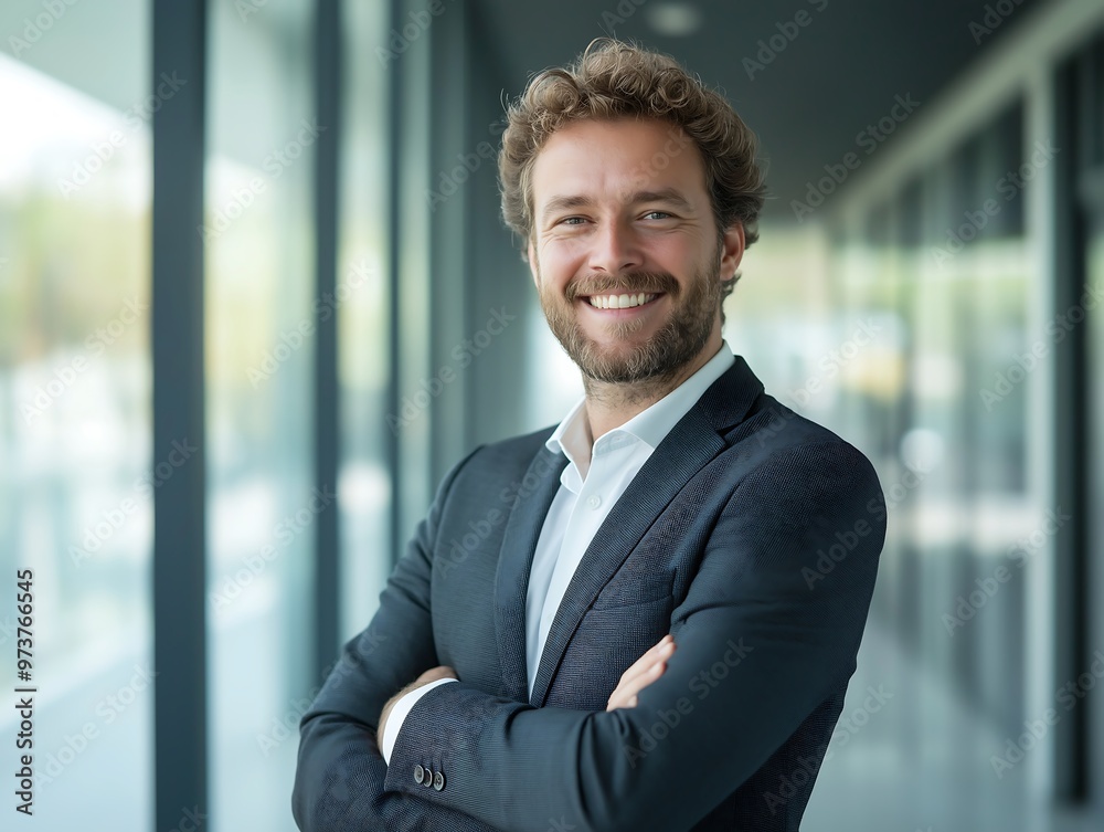 Handsome male model as a successful businessman standing with his hands to chest, defocused office background Handsome male model as a successful businessman standing with his hands to chest, defocused office background
