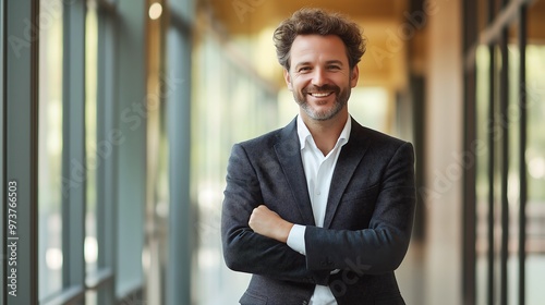 Handsome male model as a successful businessman standing with his hands to chest, defocused office background