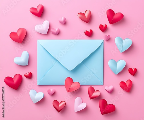 A single blue envelope on pink solid color background with little red, white and pink paper hearts around it, valentine and love concept