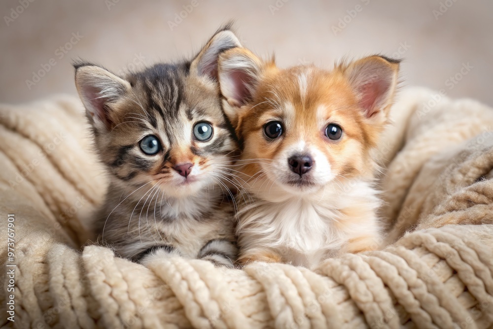 Adorable puppy and kitten duo snuggle together on a soft blanket, their big eyes and tiny noses radiating Adorable puppy and kitten duo snuggle together on a soft blanket, their big eyes and tiny noses radiating