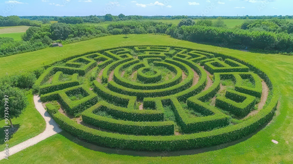 Aerial View of a Circular Hedge Maze in a Green Garden Aerial View of a Circular Hedge Maze in a Green Garden