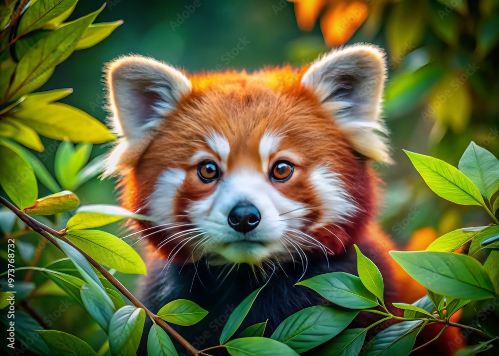 Obraz premium Adorable red panda with vibrant fur and curious expression, surrounded by leaves and branches, waiting to be brought