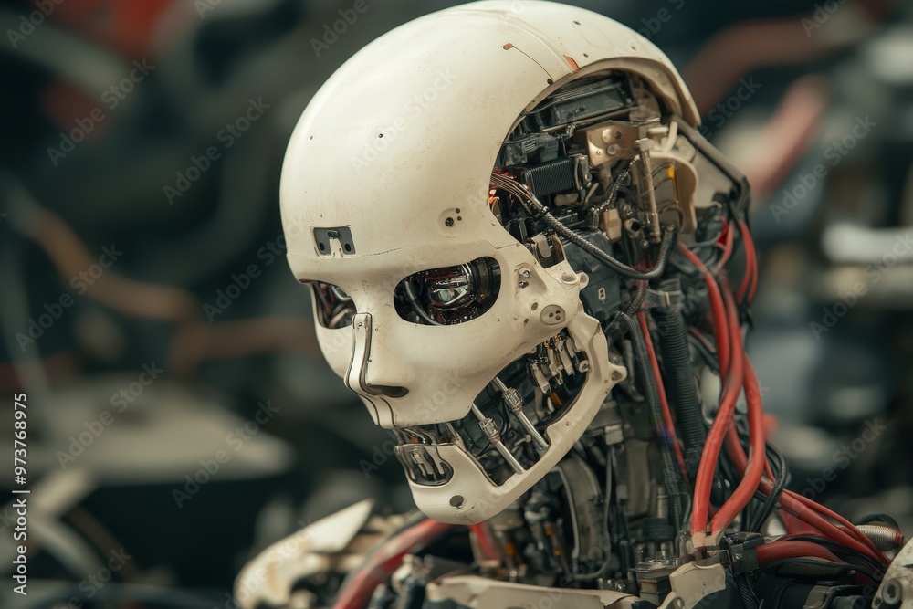 Fototapeta premium Intricate Details of a Robot Technician's Work on an Advanced Android in a Workshop Setting.