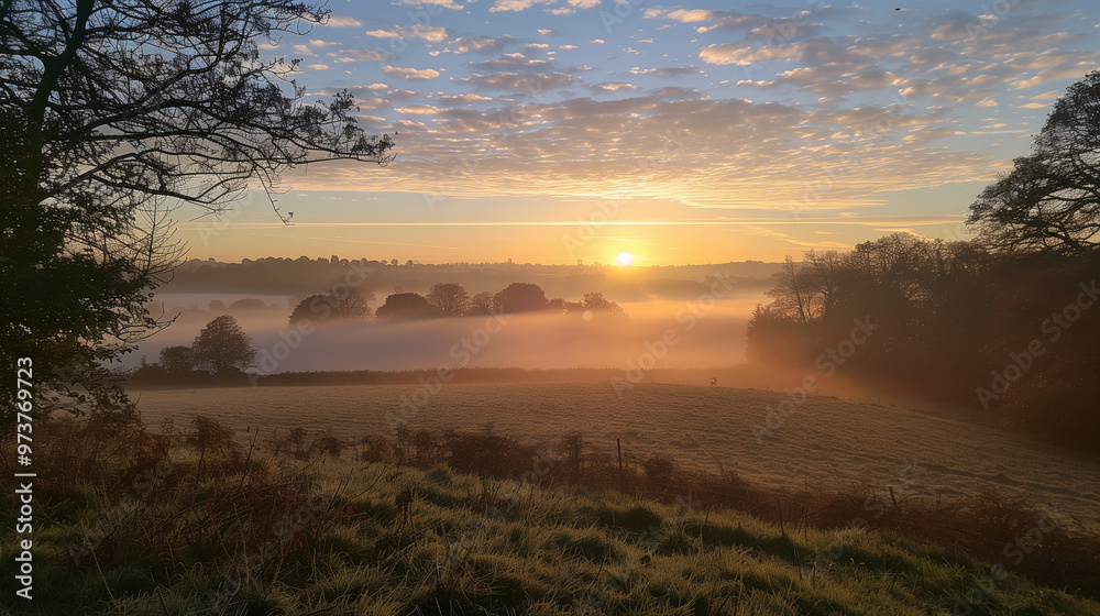 Obraz premium Countryside Sunrise with Misty Fields