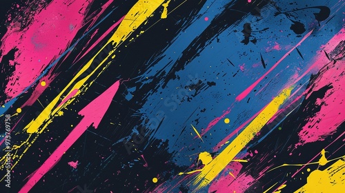 Dynamic Abstract Background Featuring Directional Arrows with Bold Strokes of Pink, Yellow, and Blue – Accompanied by Splatter Effects for a Sense of Movement and Energy