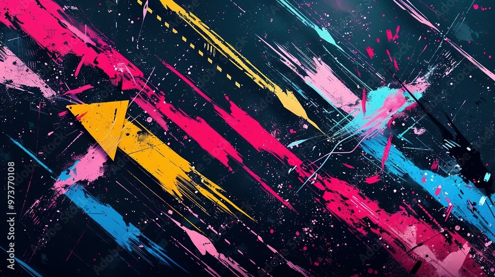 Naklejka premium Dynamic Abstract Background Featuring Directional Arrows with Bold Strokes of Pink, Yellow, and Blue – Accompanied by Splatter Effects for a Sense of Movement and Energy