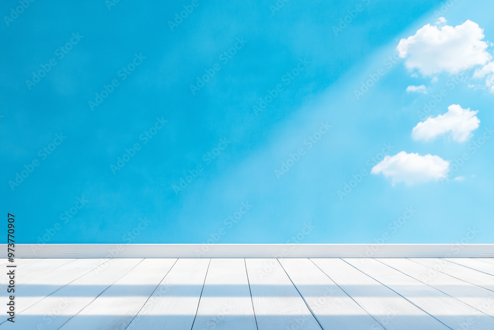 A clear blue sky with soft clouds over a sunlit wooden terrace on a bright day A clear blue sky with soft clouds over a sunlit wooden terrace on a bright day