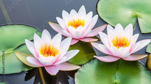 Beautiful water lilies blooming on serene water, showcasing white petals and vibrant yellow centers among lush green leaves.