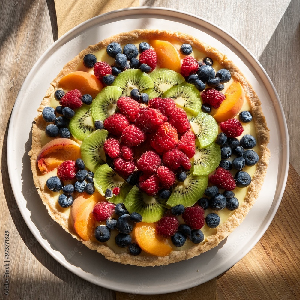 A golden fruit tart adorned with vibrant berries and kiwi glistens in the sunlit kitchen. Its buttery crust and glossy glaze invite indulgence in every sweet, fresh bite. A golden fruit tart adorned with vibrant berries and kiwi glistens in the sunlit kitchen. Its buttery crust and glossy glaze invite indulgence in every sweet, fresh bite.