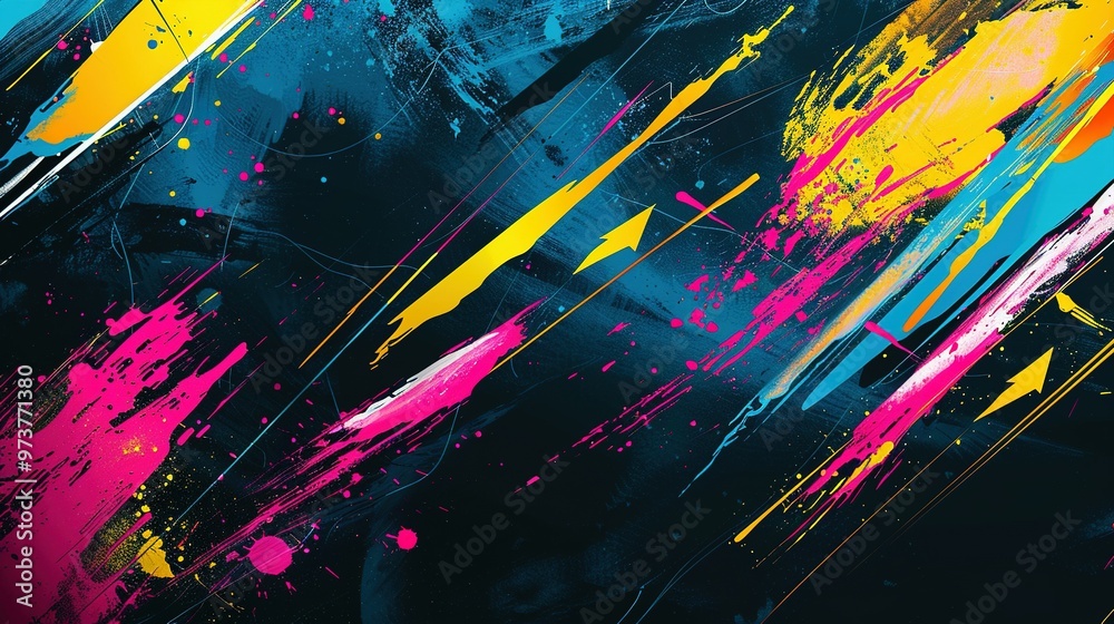 Naklejka premium Energetic Abstract Design: Directional Arrows in Bold Strokes of Pink, Yellow, and Blue on a Dark Backdrop with Splatter Effects – Dynamic Background