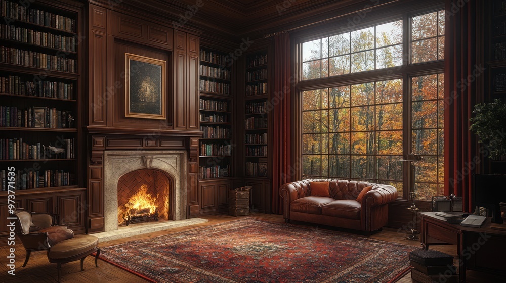 Cozy library with a fireplace and autumn view outside. Cozy library with a fireplace and autumn view outside.