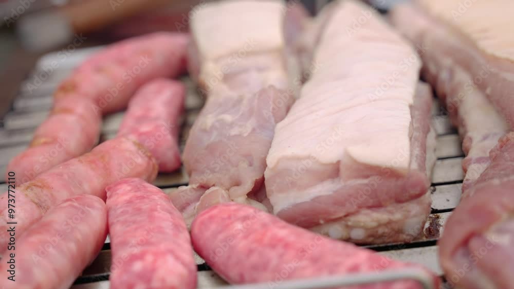 Raw pork belly and sausages waiting on grill Raw pork belly and sausages waiting on grill