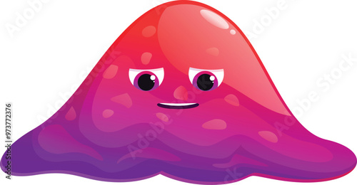 Red and purple jelly monster is smiling with half closed eyes