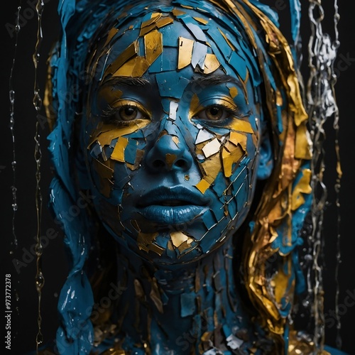 Woman with Blue and Gold Artistic Face Makeup